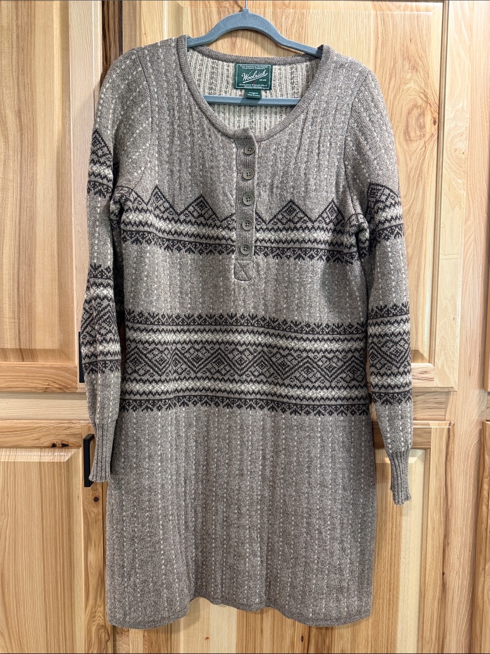 Woolrich Women's Size M Taupe Gray Wool Fair Isle Knit Nordic Sweater Dress